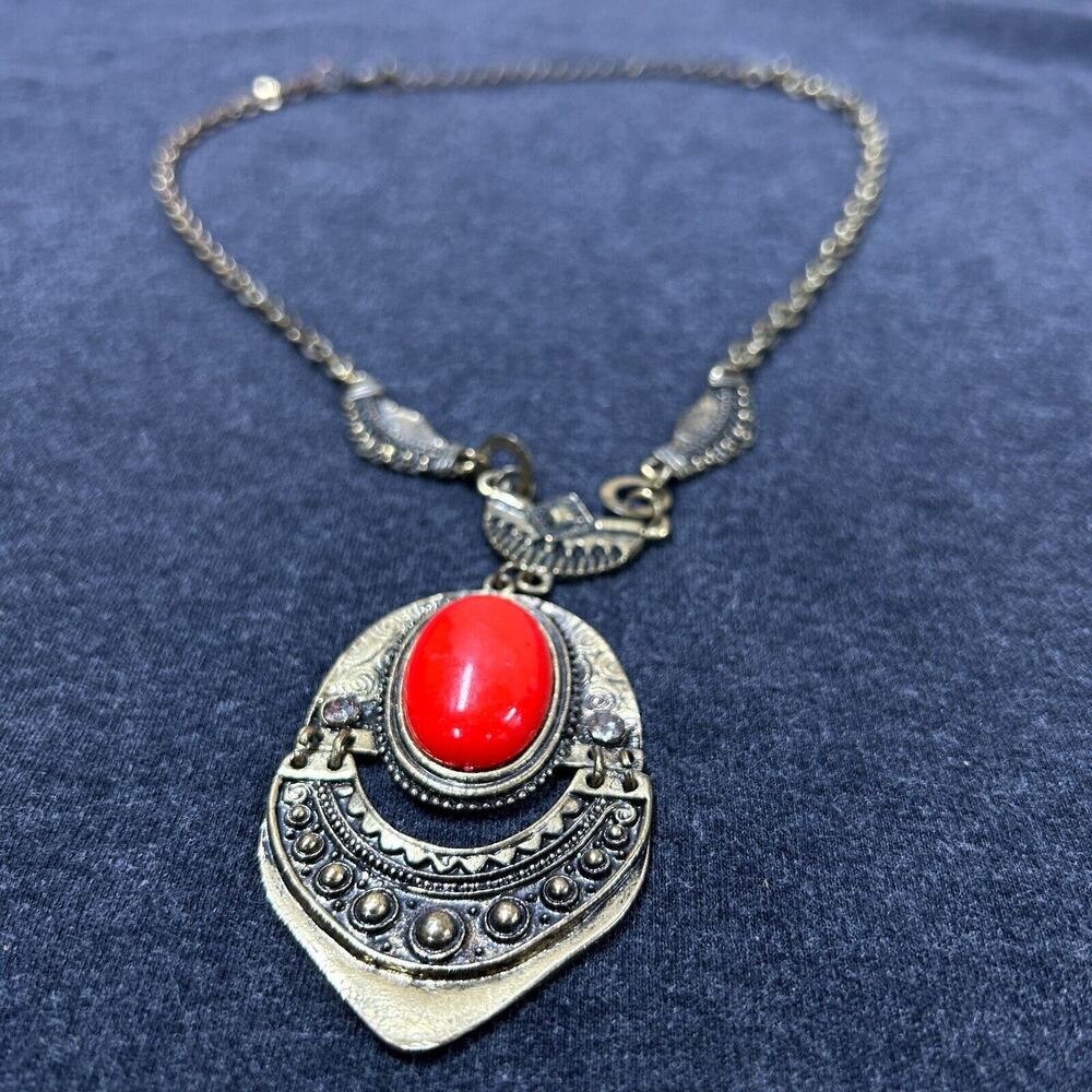 Red Coral Oval Brass Pendant Necklace